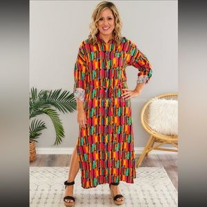 💕NWT Savanna Jane Bright Rainbow Aztec Maxi Shirtdress
